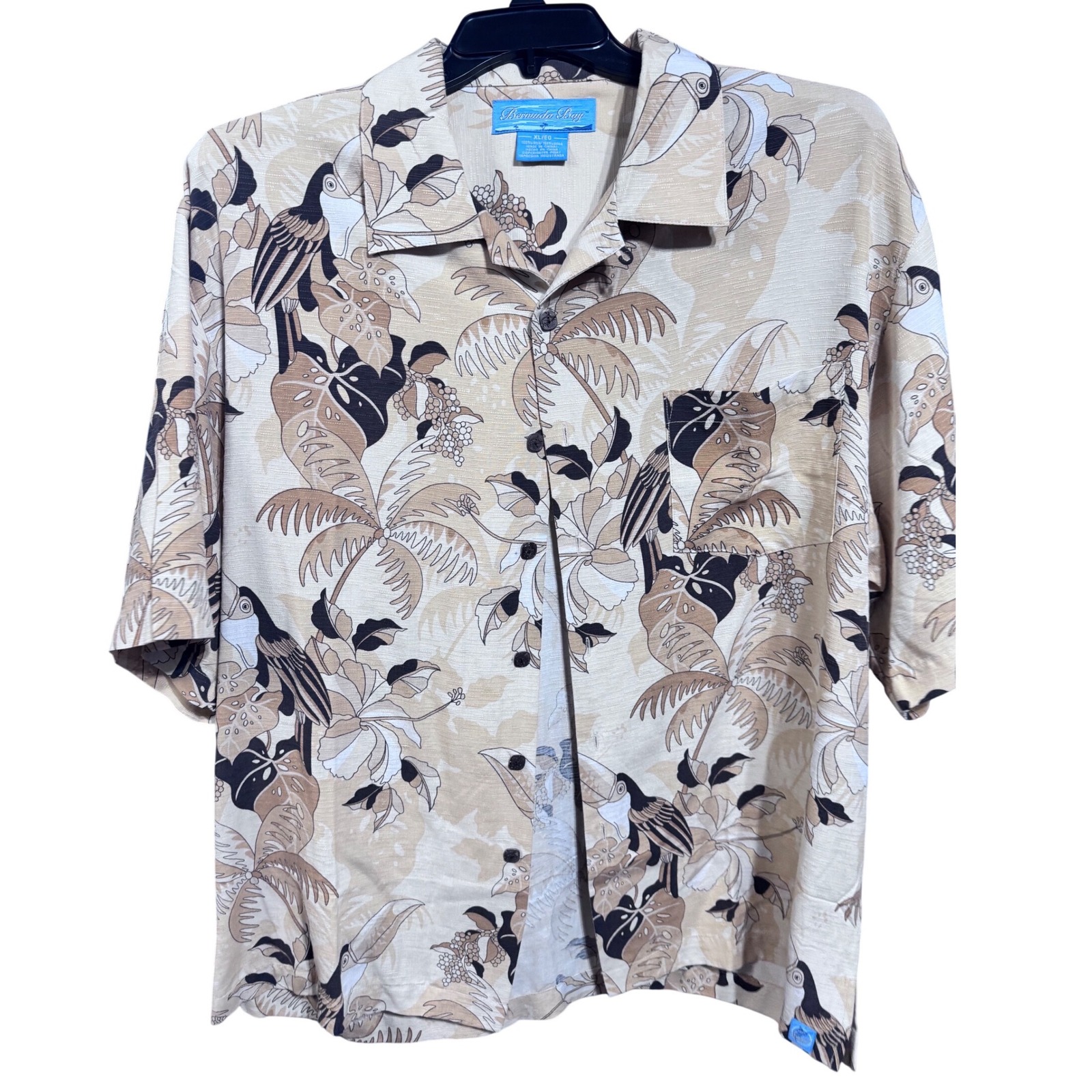 Bermuda Bay Shirt Silk Tropical Toucan Print Tan Xl Resort Vacation Camp Shirt